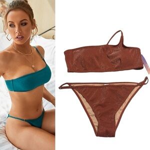 MOLYBELL Metallic One Shoulder High Waisted Bikini Dark Orange Size Large NWT